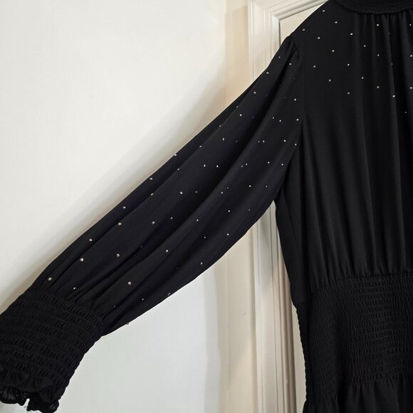 White House Black Market Long Sleeve Smocked Blouson Dress - Black W Rhinestones - Picture 5 of 10